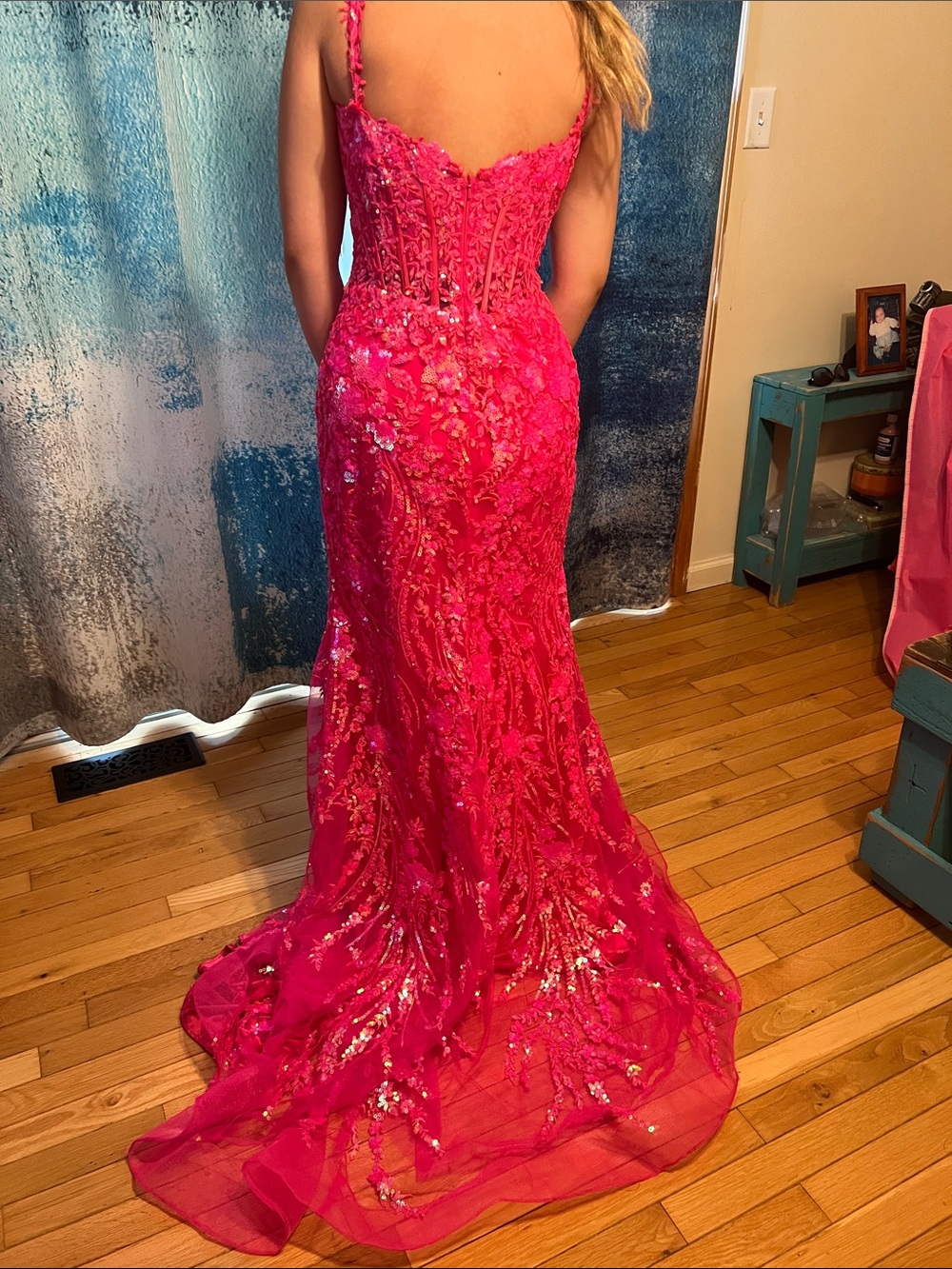 Sherri Hill Hot Pink Sequin High-Slit removable train prom dress - Picture 6 of 17